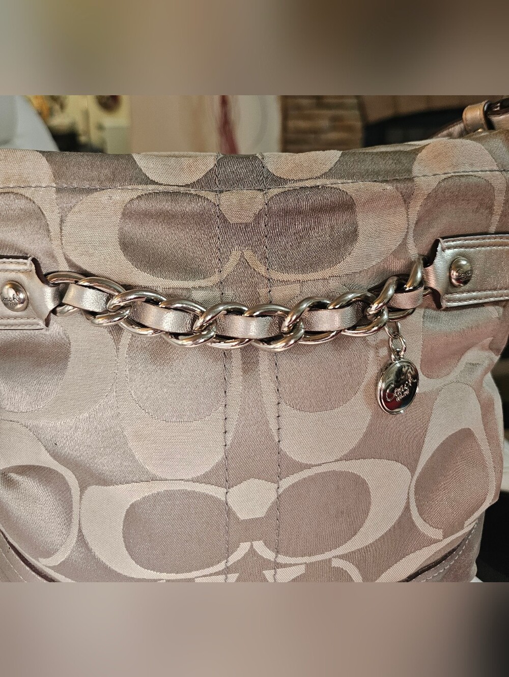 Coach Satin Signature Chain-Accent Shoulder Bag in Silver Taupe (Used) - Picture 2 of 13